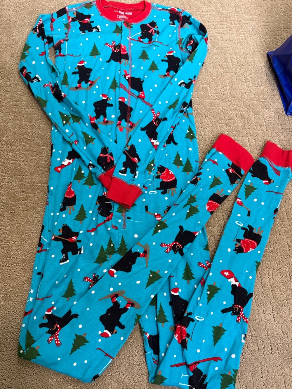 Kids Turquoise Bear Holiday Zip-Up Pajama Set with Red Trim
